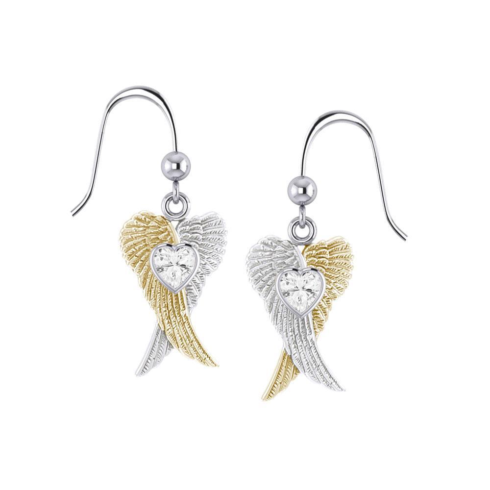 Heart Gemstone and Double Angel Wings Silver and 14K Gold Plate Earrings MER1744 - Peter Stone Wholesale