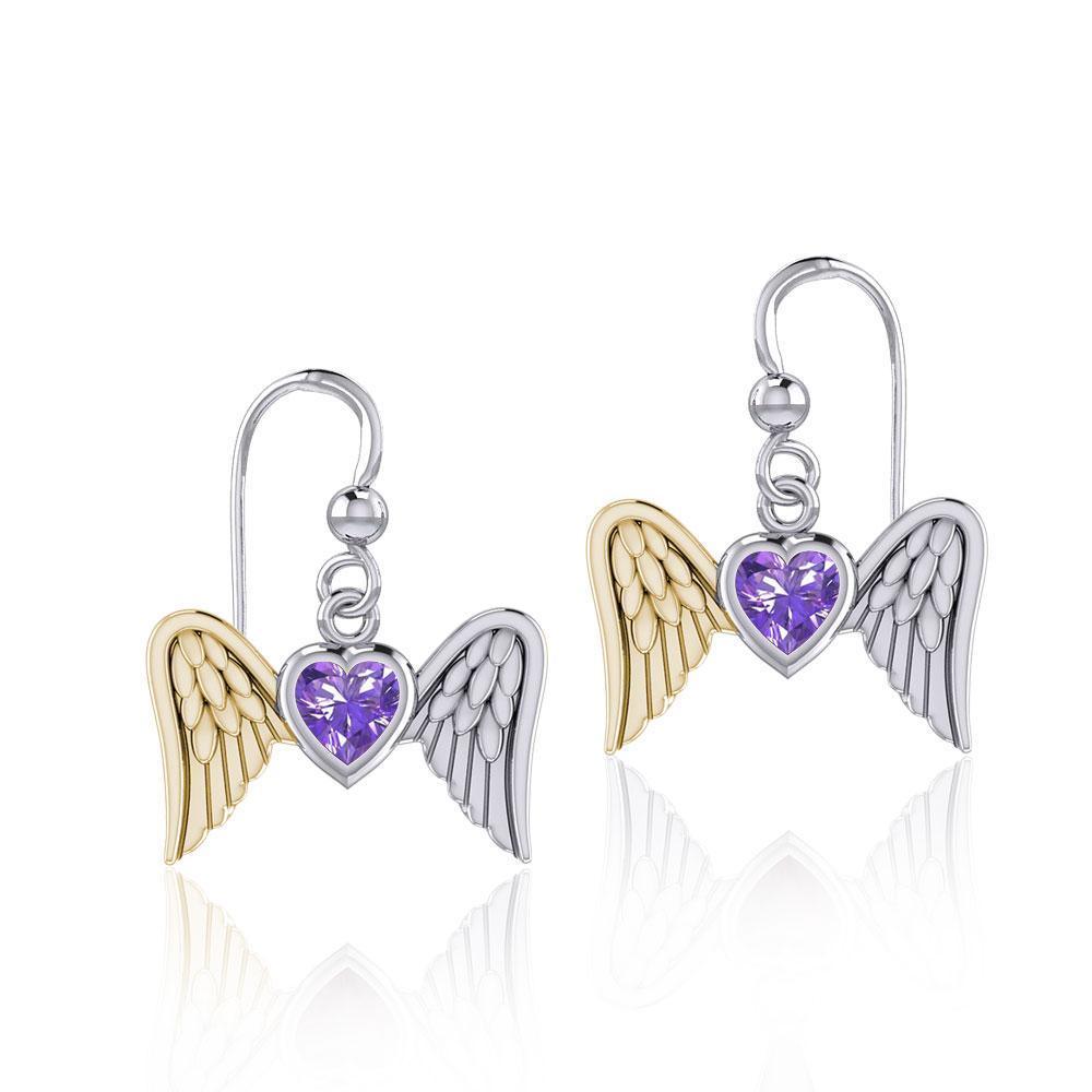 Gemstone Heart and Flying Angel Wings Silver and Gold Earrings MER1782 - Peter Stone Wholesale