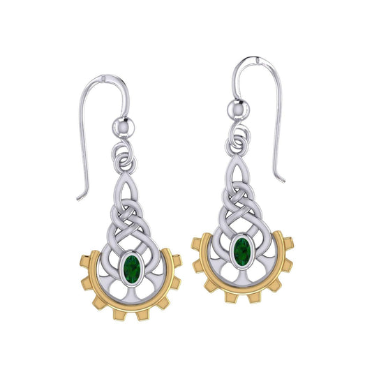 Steampunk Celtic Silver and Gold Accent Earrings with Gemstone MER2116 - peterstone.dropshipping