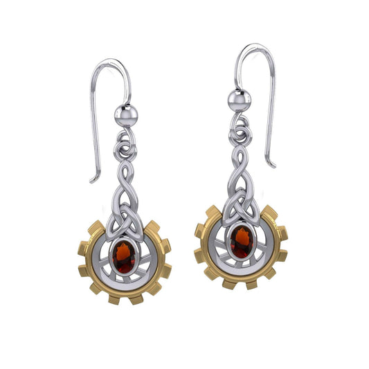 Steampunk Celtic Silver and Gold Accent Earrings with Oval Gemstone MER2117 - peterstone.dropshipping