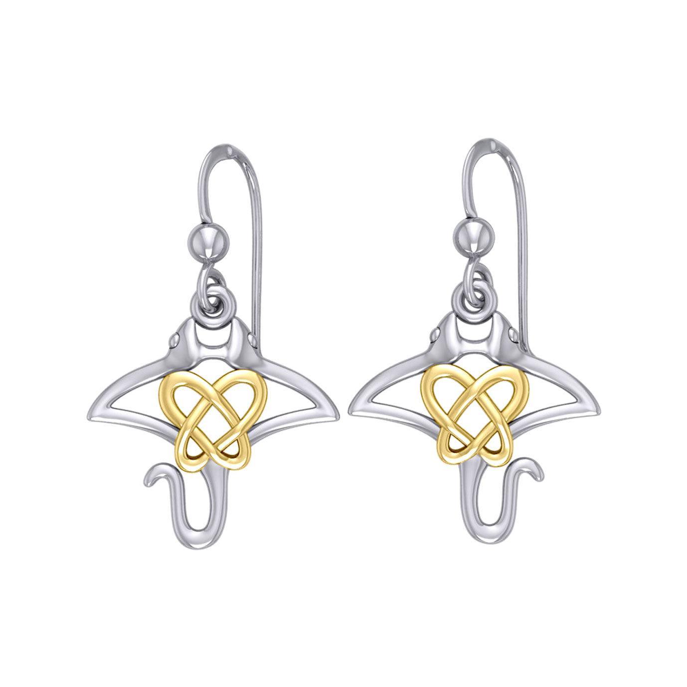 Manta Ray with 14K Gold Accent Celtic Heart in the Center Silver Earrings MER2165 - peterstone.dropshipping