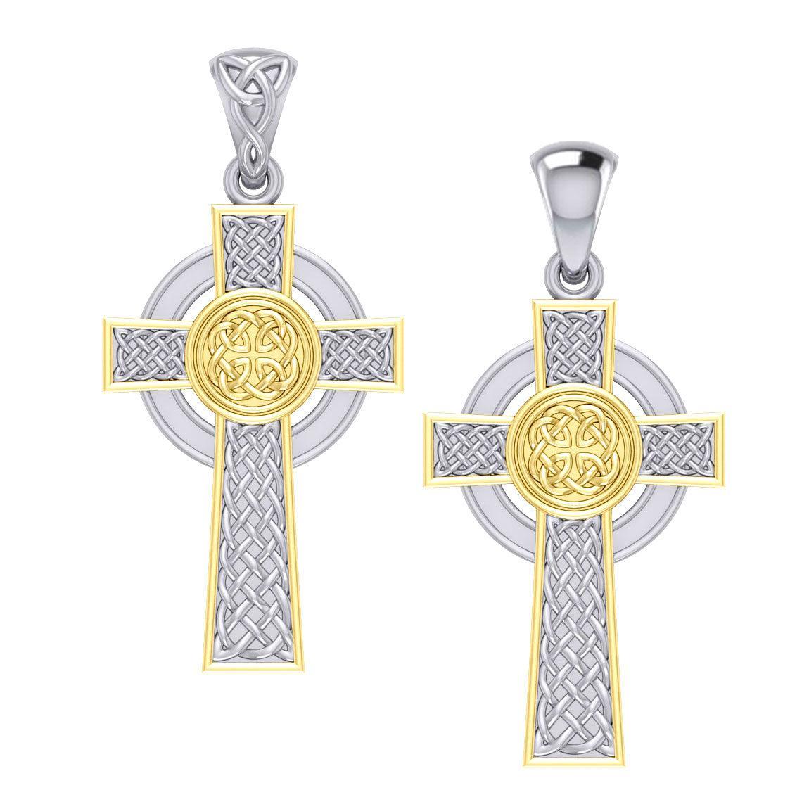 Large Reversible Celtic Cross Sterling Silver with 14K Gold Accent Pendant MPD3726 - peterstone.dropshipping