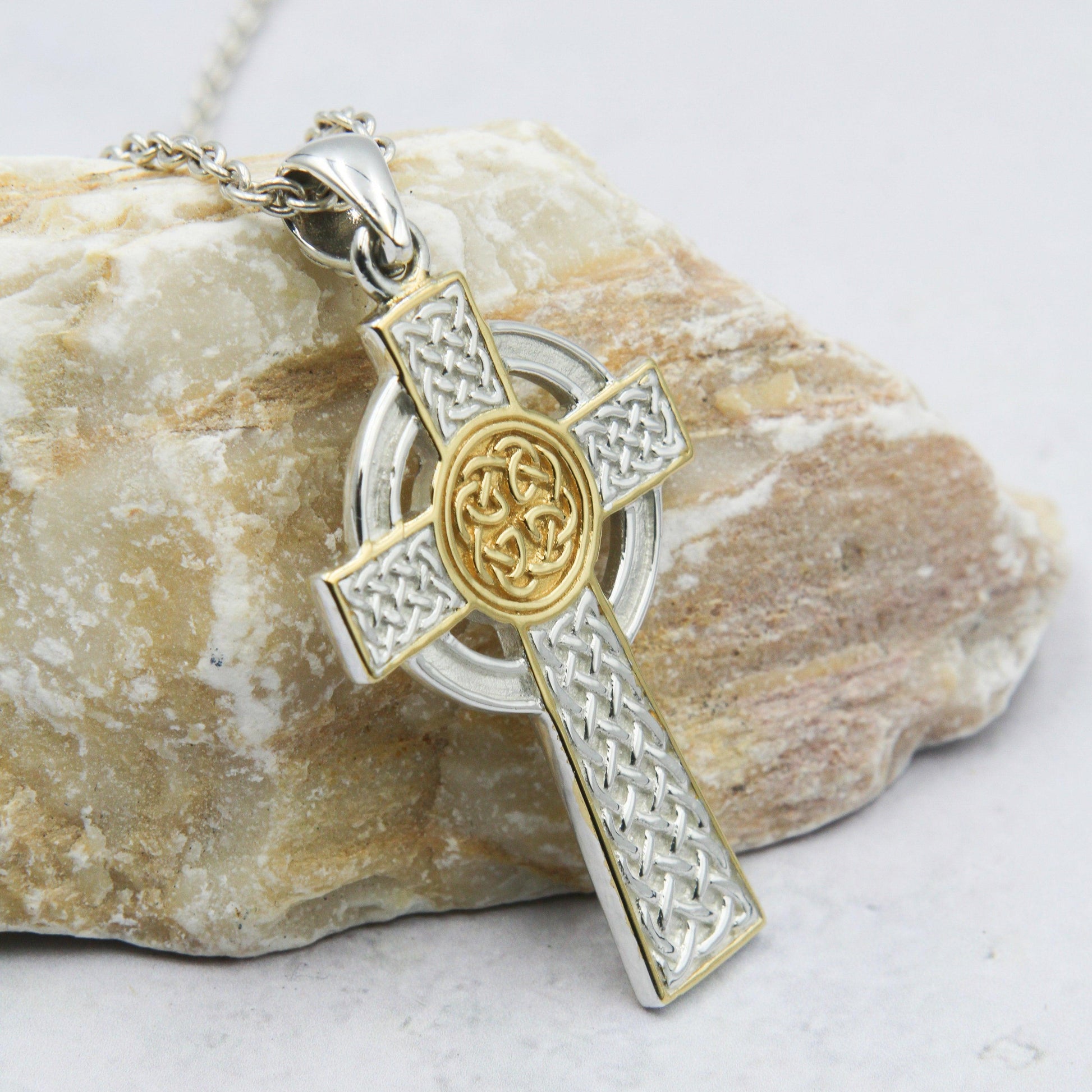 Large Reversible Celtic Cross Sterling Silver with 14K Gold Accent Pendant MPD3726 - peterstone.dropshipping