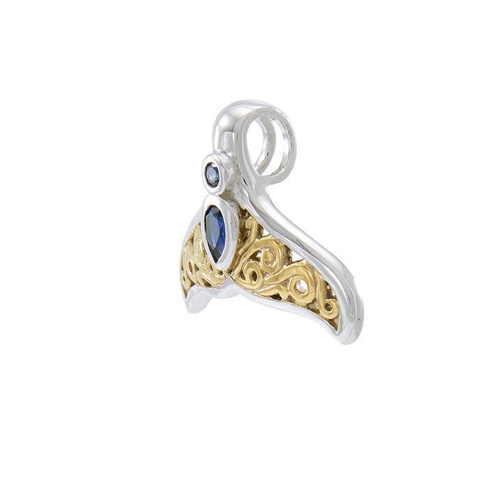 Filigree Whale Tail With Gemstone Gold Accent Sterling Silver Pendant MPD3798 - Wholesale Jewelry