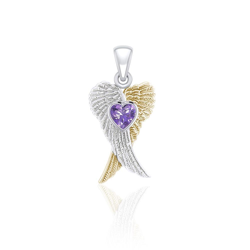 Heart Gemstone and Double Angel Wings Silver and 14K Gold Plate Pendant MPD5229 - Peter Stone Wholesale