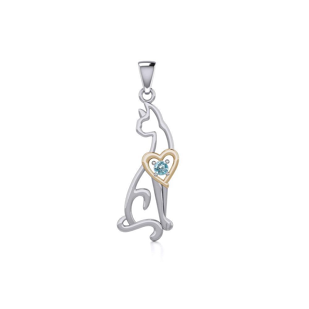 Lovely Heart Cat Silver and Gold Pendant with Gem MPD5273 - Peter Stone Wholesale