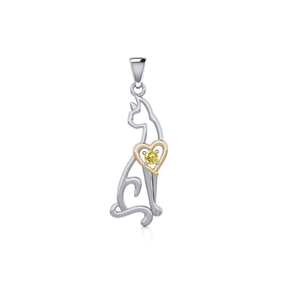 Lovely Heart Cat Silver and Gold Pendant with Gem MPD5273 - Peter Stone Wholesale