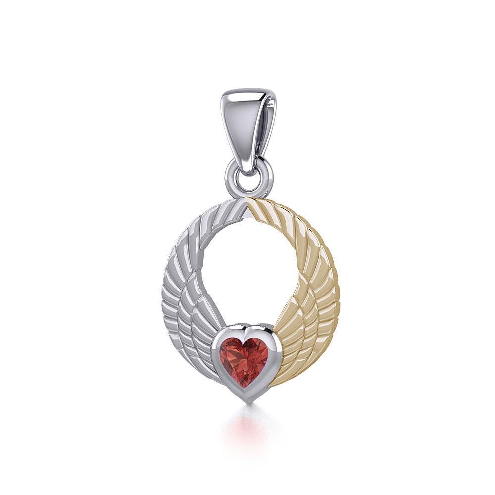 Double Angel Wings Silver and 14K Gold Plate Pendant with Gemstone MPD5286 - Peter Stone Wholesale