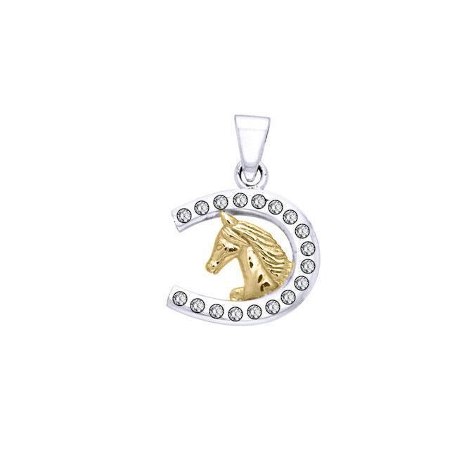 Horseshoe and Horse with Gems Silver and Gold Pendant MPD5760 - Wholesale Jewelry