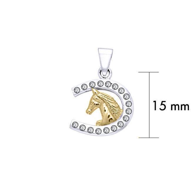 Horseshoe and Horse with Gems Silver and Gold Pendant MPD5760 - Wholesale Jewelry