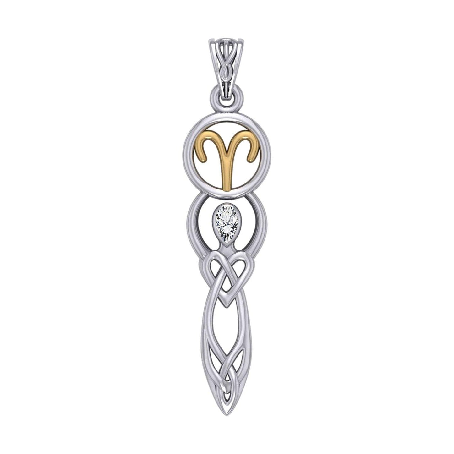 Celtic Goddess Aries Astrology Zodiac Sign Silver and Gold Accents Pendant with White Stone MPD5935 - peterstone.dropshipping