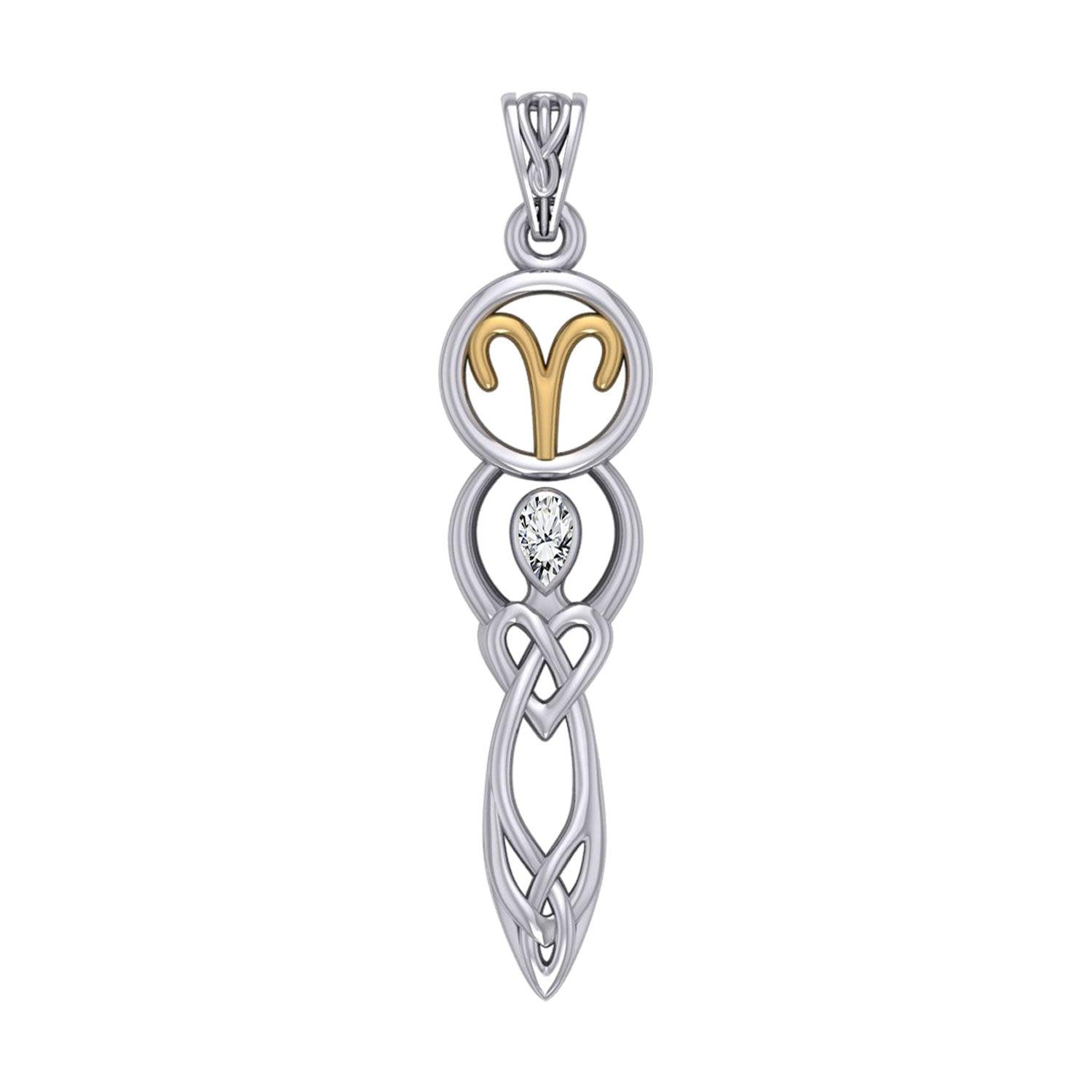 Celtic Goddess Aries Astrology Zodiac Sign Silver and Gold Accents Pendant with White Stone MPD5935 - peterstone.dropshipping