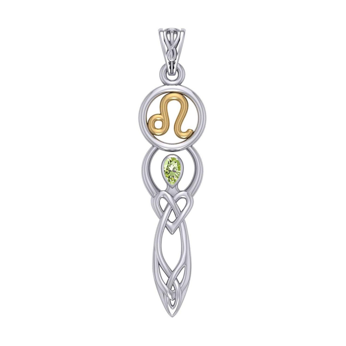 Celtic Goddess Leo Astrology Zodiac Sign Silver and Gold Accents Pendant with Peridot MPD5939 - peterstone.dropshipping