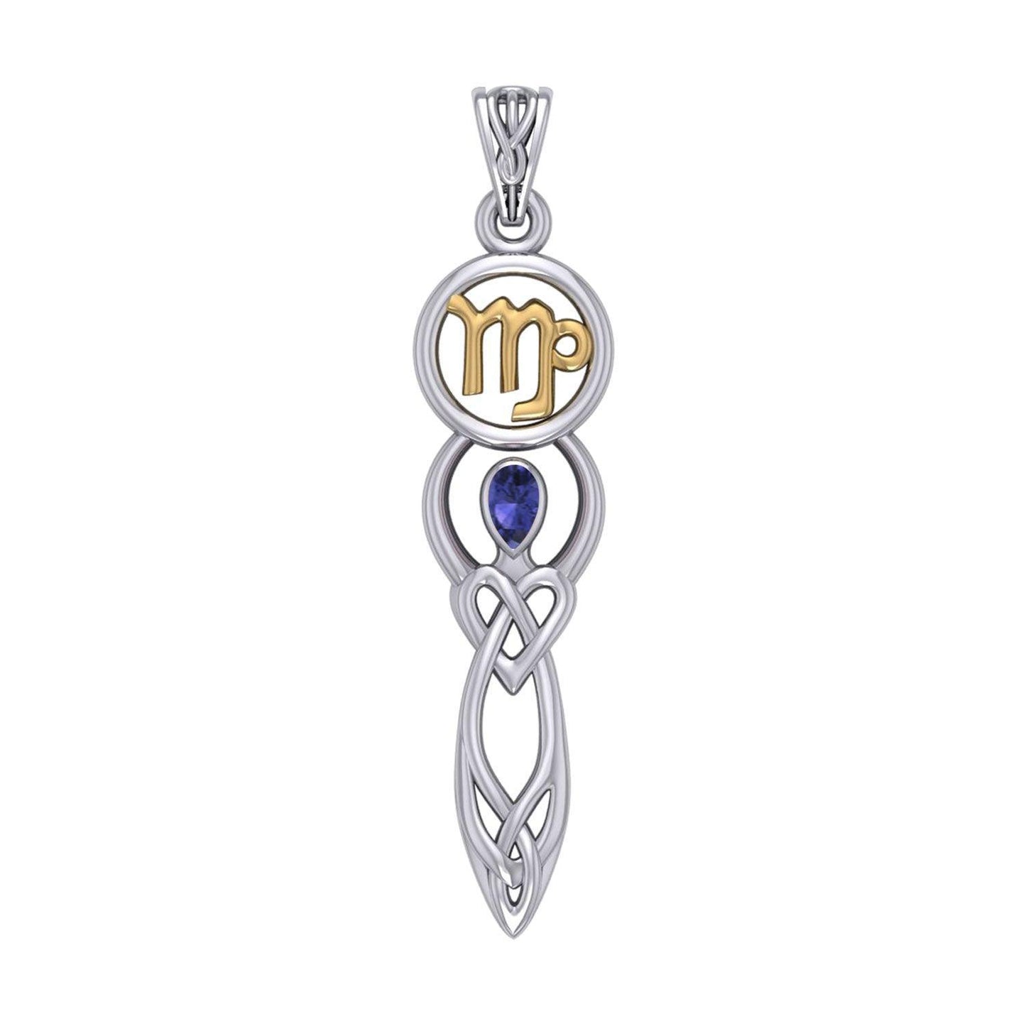 Celtic Goddess Virgo Astrology Zodiac Sign Silver and Gold Accents Pendant with Sapphire MPD5940 - peterstone.dropshipping