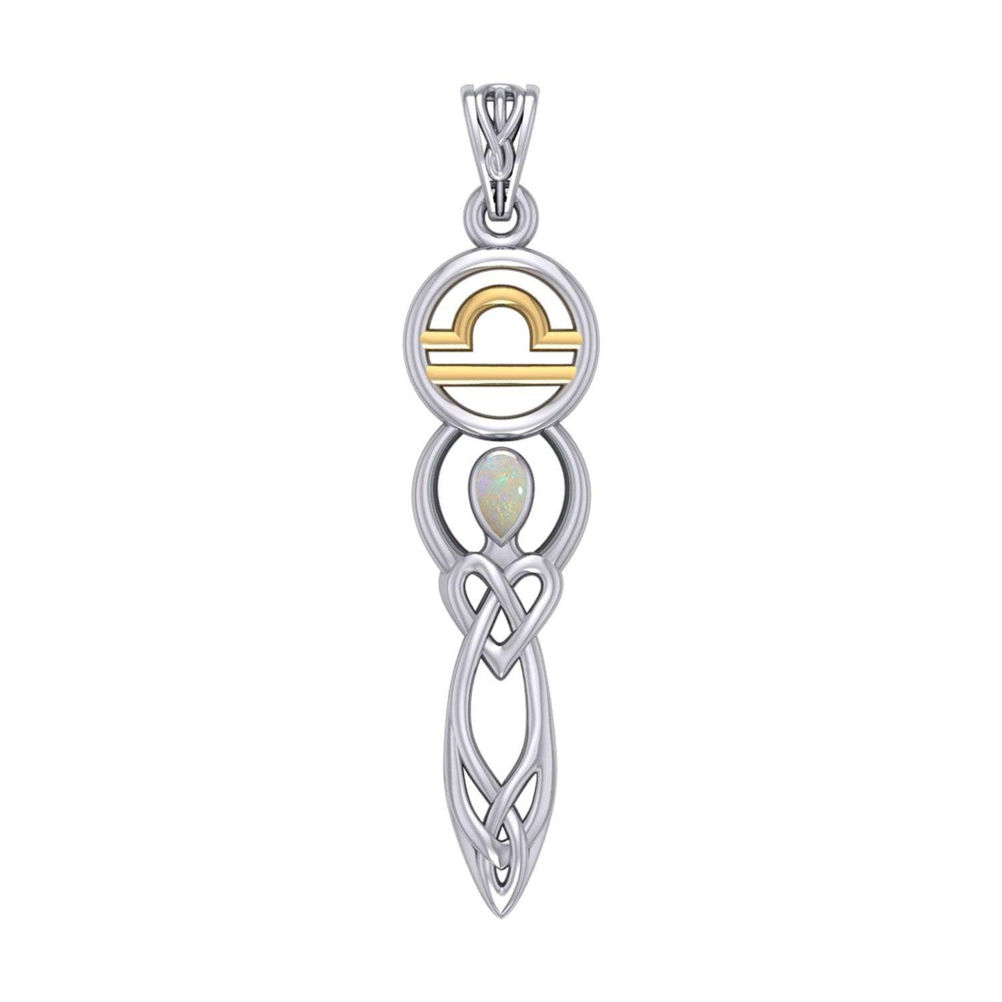 Celtic Goddess Libra Astrology Zodiac Sign Silver and Gold Accents Pendant with Opal MPD5941 - peterstone.dropshipping