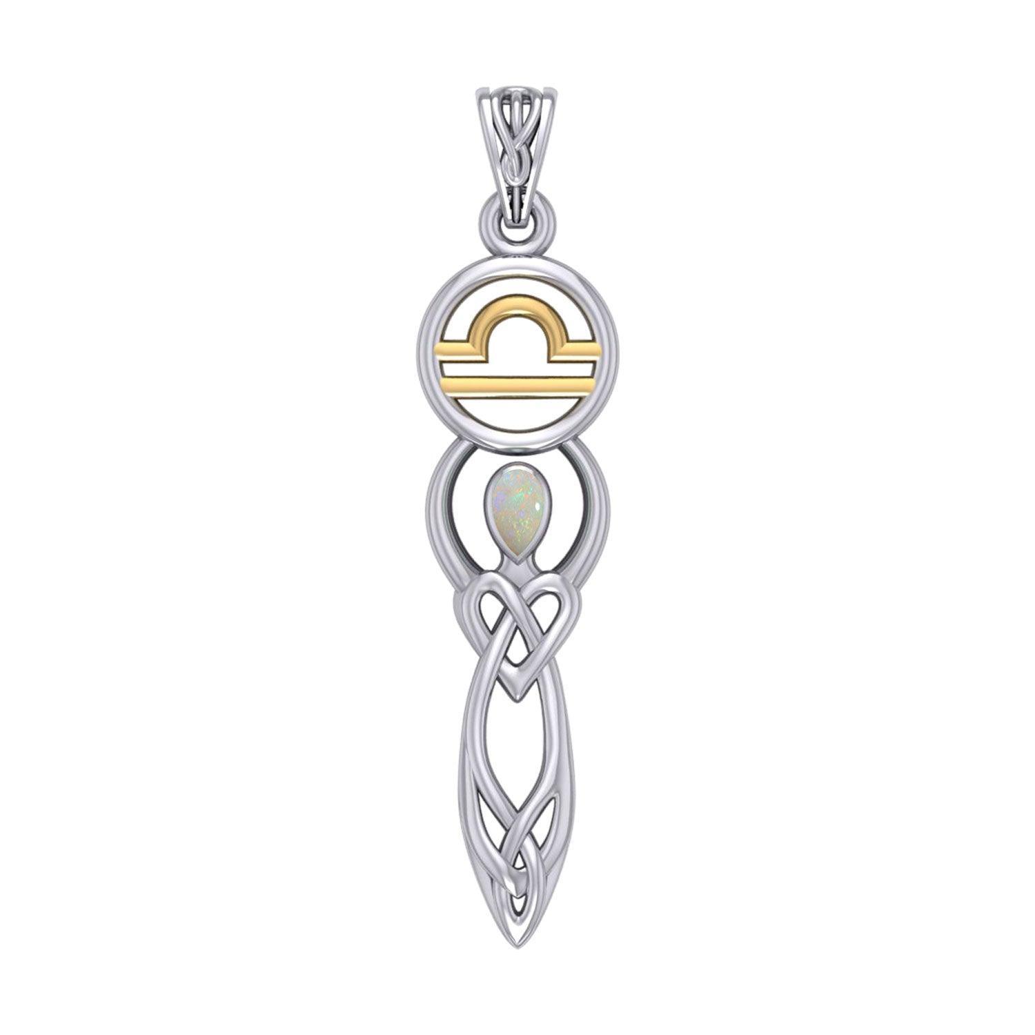 Celtic Goddess Libra Astrology Zodiac Sign Silver and Gold Accents Pendant with Opal MPD5941 - peterstone.dropshipping