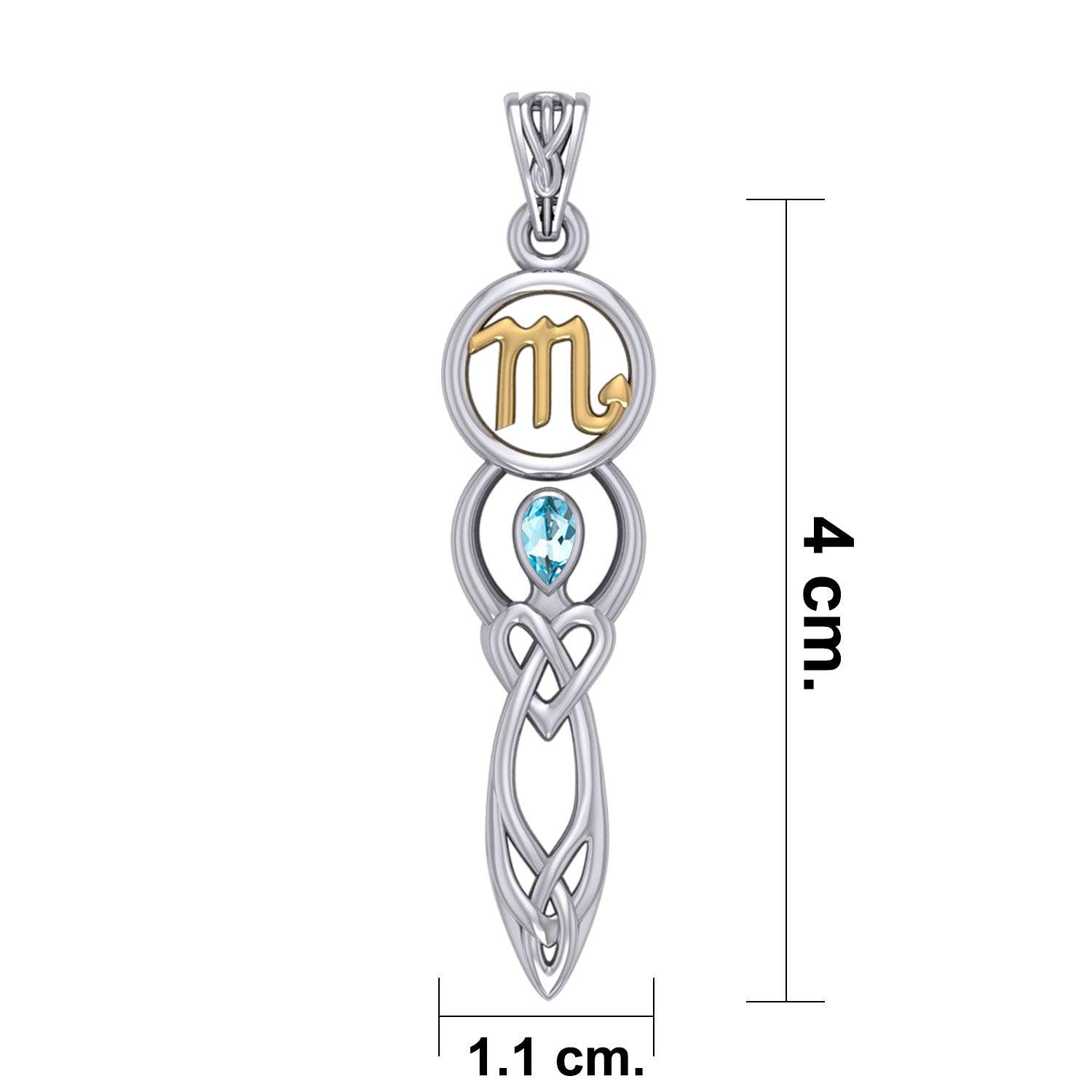 Celtic Goddess Scorpio Astrology Zodiac Sign Silver and Gold Accents Pendant with Blue Topaz MPD5942 - peterstone.dropshipping