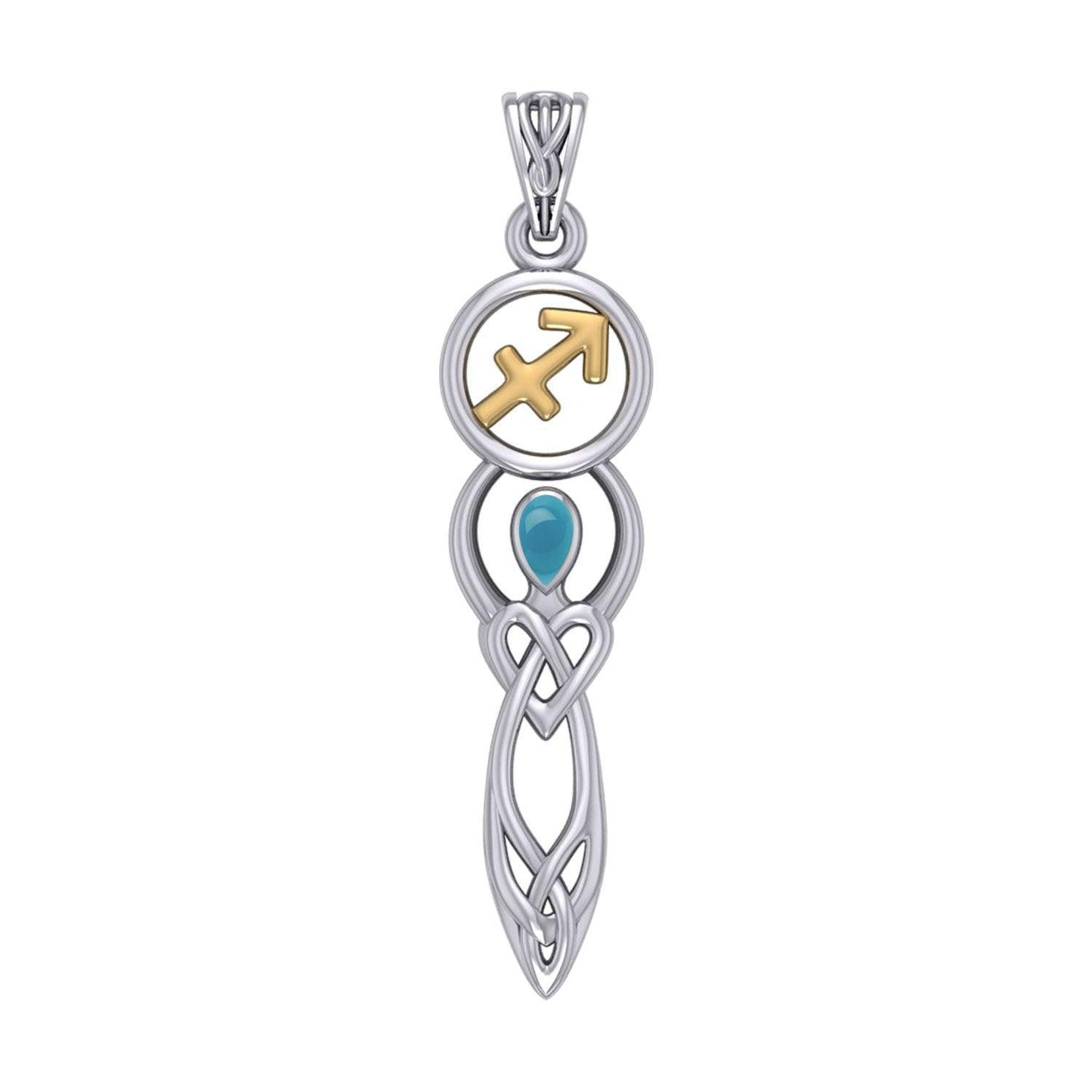 Celtic Goddess Sagittarius Astrology Zodiac Sign Silver and Gold Accents Pendant with Turquoise MPD5943 - peterstone.dropshipping