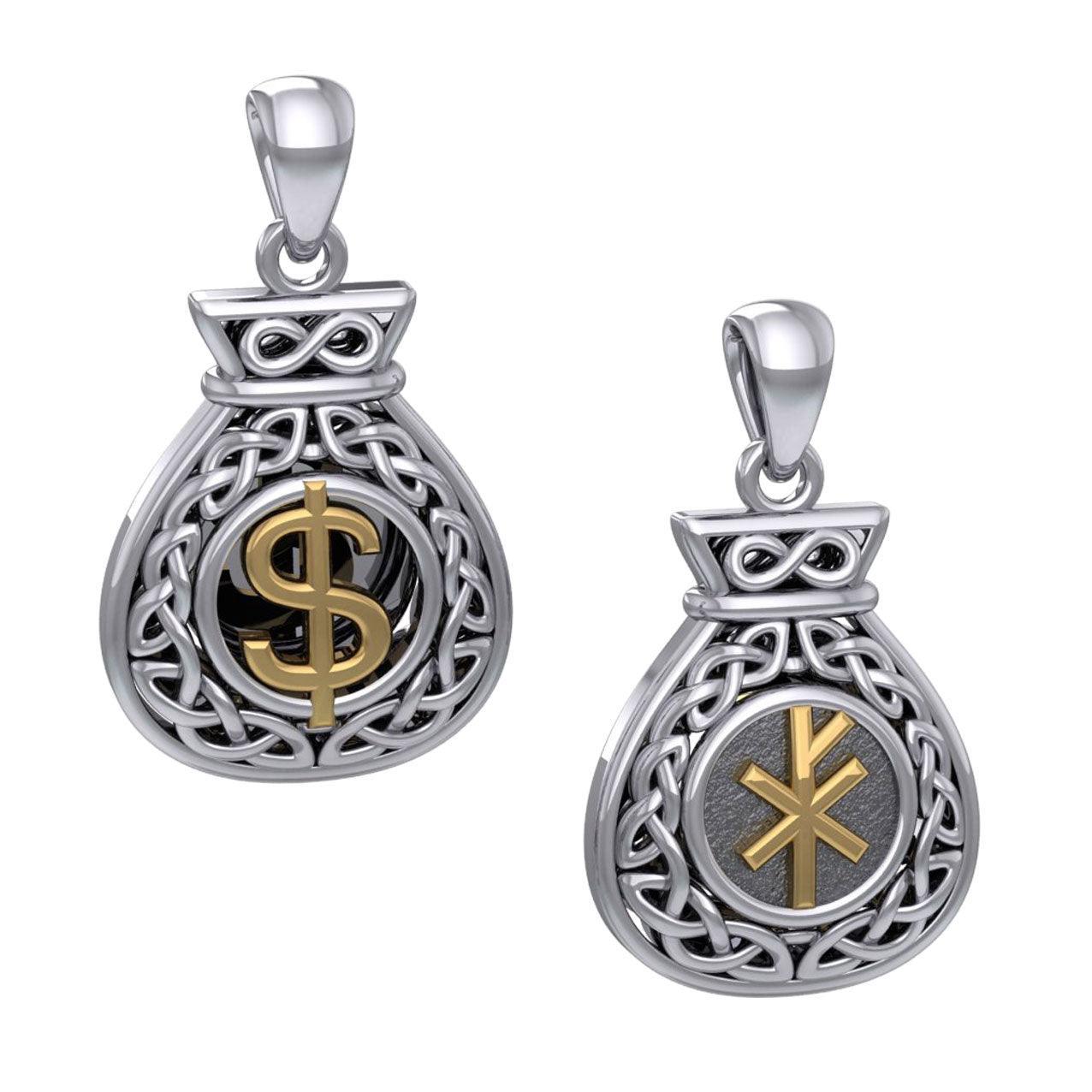 Celtic Infinity Money Bag with Wealth and Prosperity Bind Rune Silver and Gold Accents Pendant MPD5962 - peterstone.dropshipping