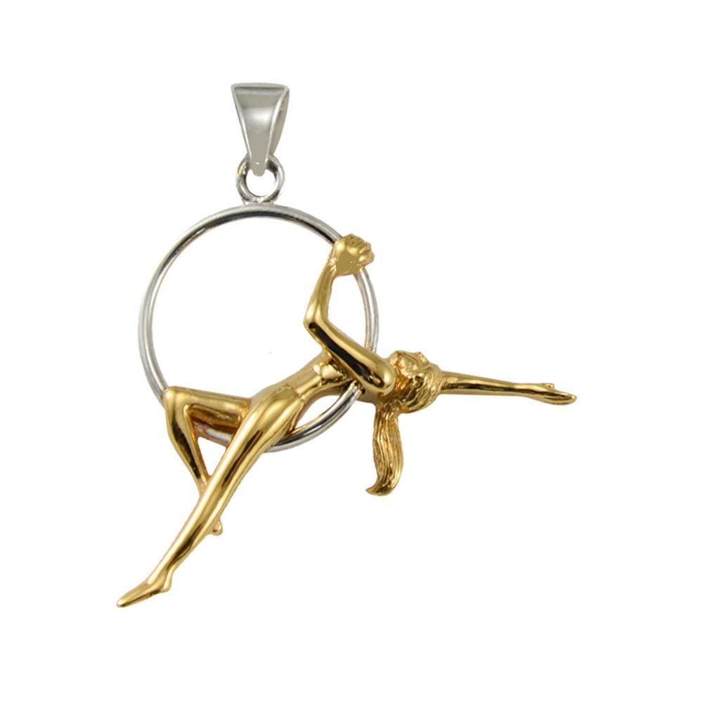 Beautiful Acrobat Lady With Her Magical Aerial Hoop Silver with 14K Gold Accent Pendent MPD5998 - peterstone.dropshipping