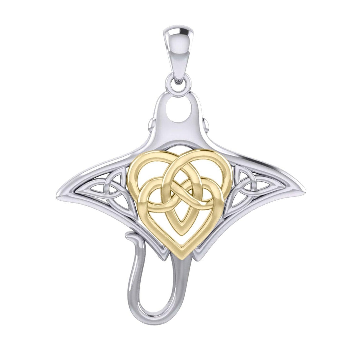 Manta Ray with 14K Gold Accent Celtic Heart in the Center Silver Pendant MPD6059 - peterstone.dropshipping