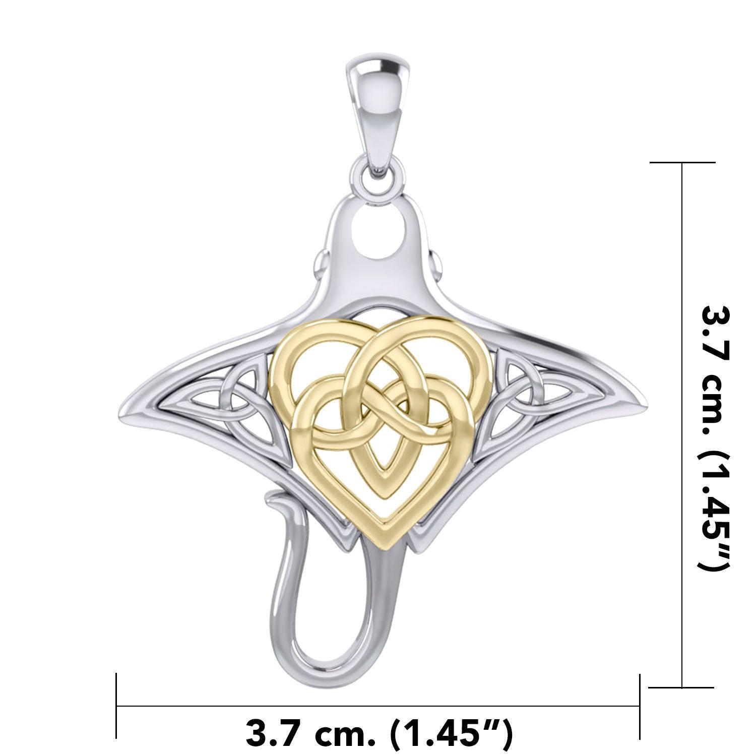 Manta Ray with 14K Gold Accent Celtic Heart in the Center Silver Pendant MPD6059 - peterstone.dropshipping