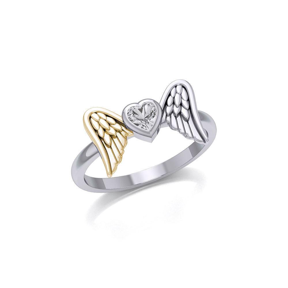 Heart Gemstone and Double Angel Wings Silver and Gold Ring MRI1839 - Peter Stone Wholesale