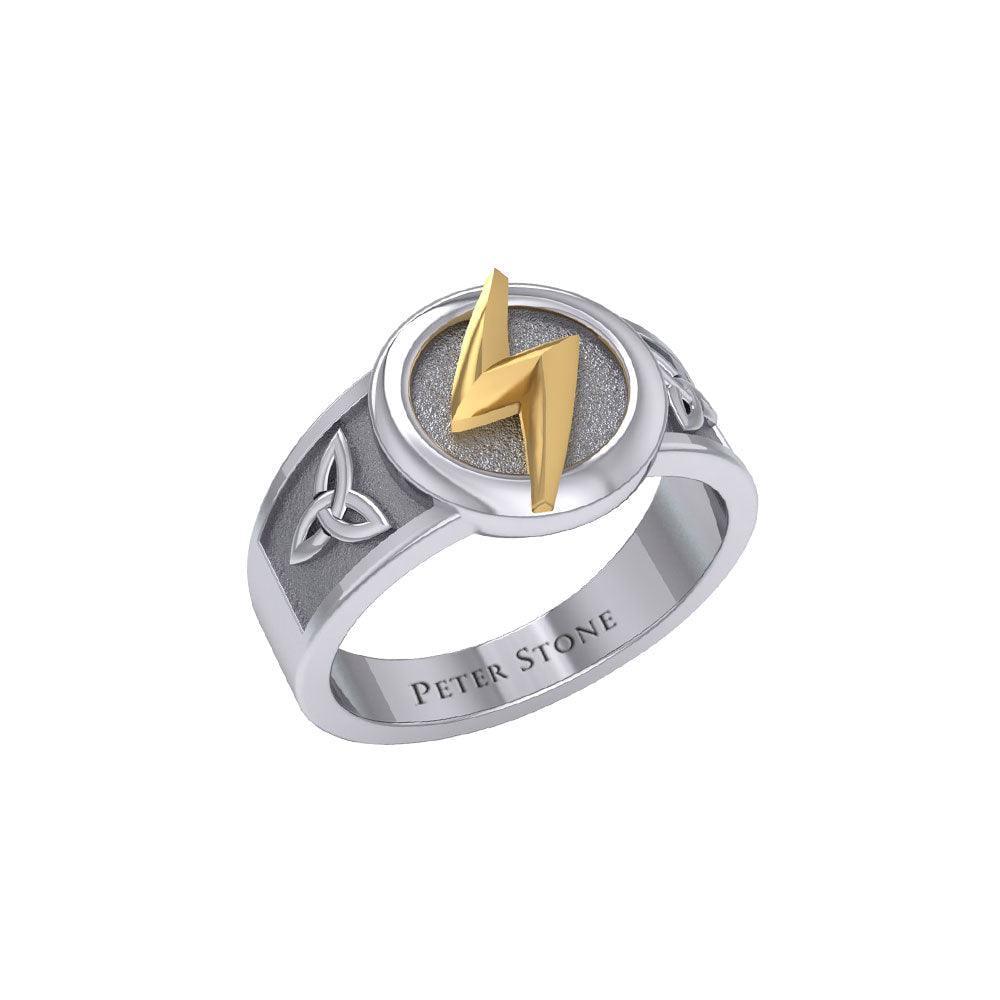 Zeus God Lightning Bolt with Celtic Trinity Knot Silver and Gold Ring MRI2296 - peterstone.dropshipping