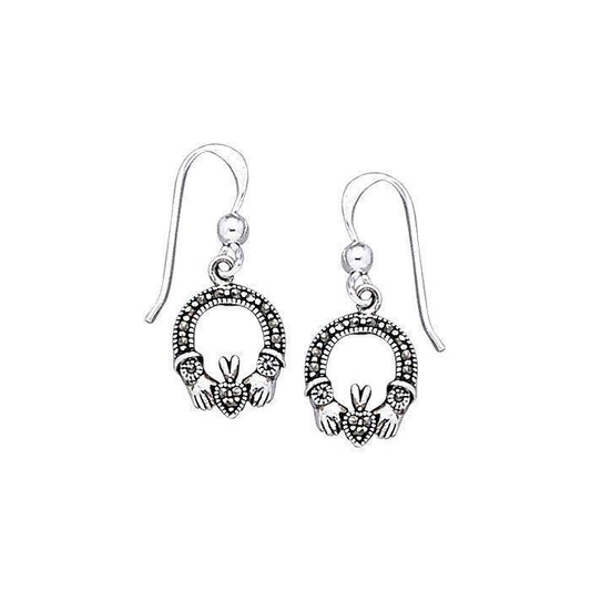 Irish Claddagh Silver Earrings with Marcasite TE2103