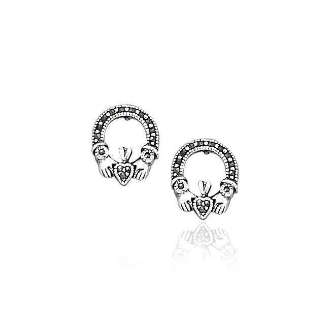 Irish Claddagh Silver Post Earrings with Marcasite TE793 Earrings