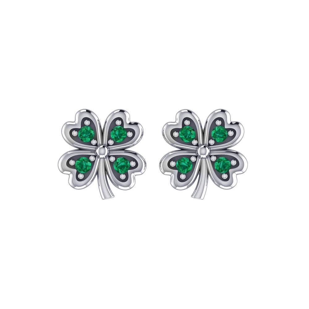 Lucky Four Leaf Clover Silver Post Earrings with Gemstone TER1844 Earrings