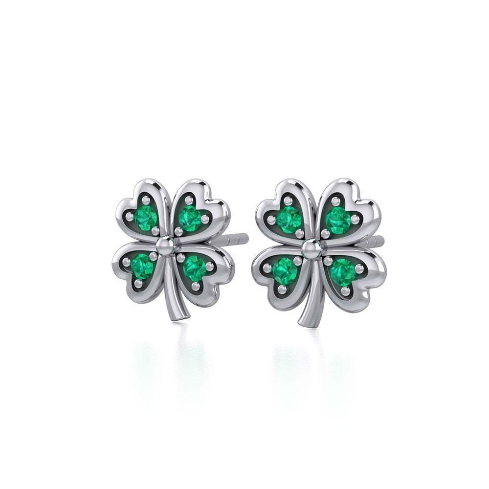 Lucky Four Leaf Clover Silver Post Earrings with Gemstone TER1844 Earrings