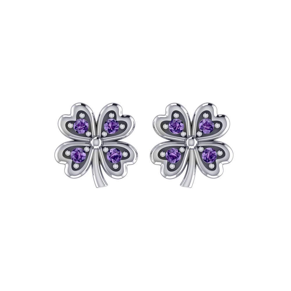 Lucky Four Leaf Clover Silver Post Earrings with Gemstone TER1844 Earrings