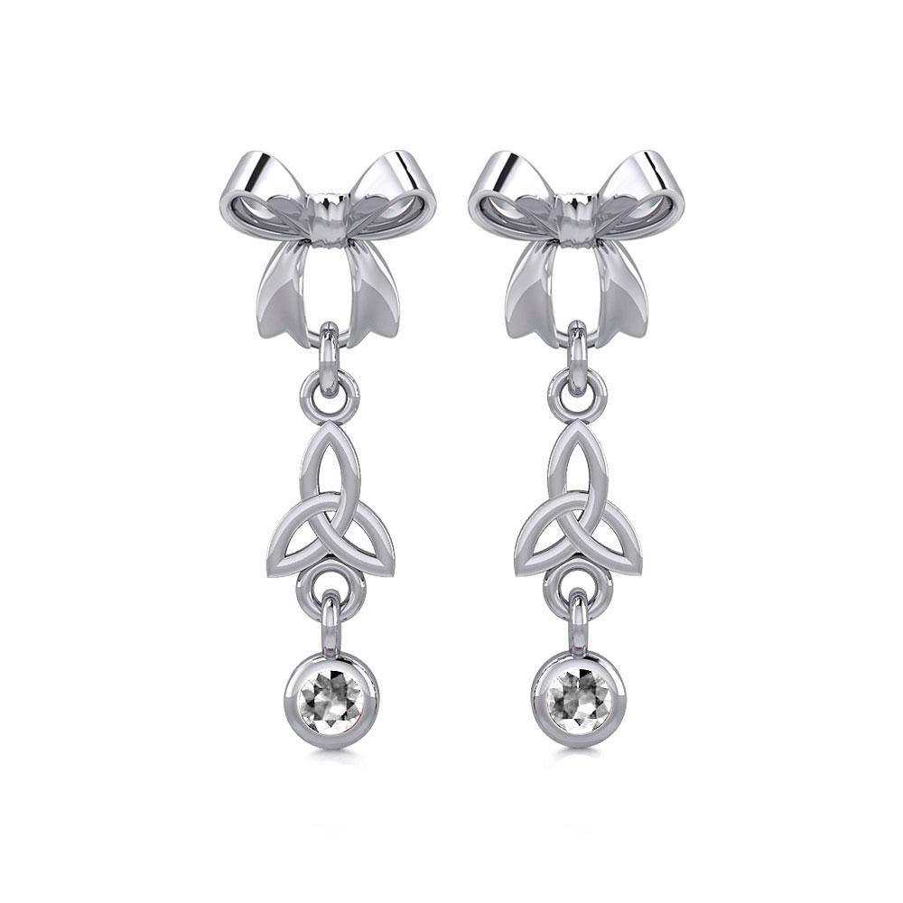 Ribbon with Dangling Gemstone Trinity Knot Silver Post Earrings TER1856 Earrings