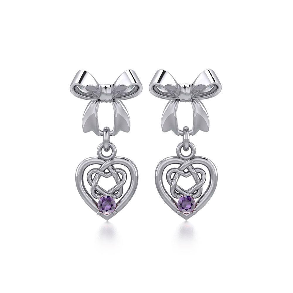 Ribbon with Dangling Gemstone Celtic Heart Silver Post Earrings TER1857 Earrings