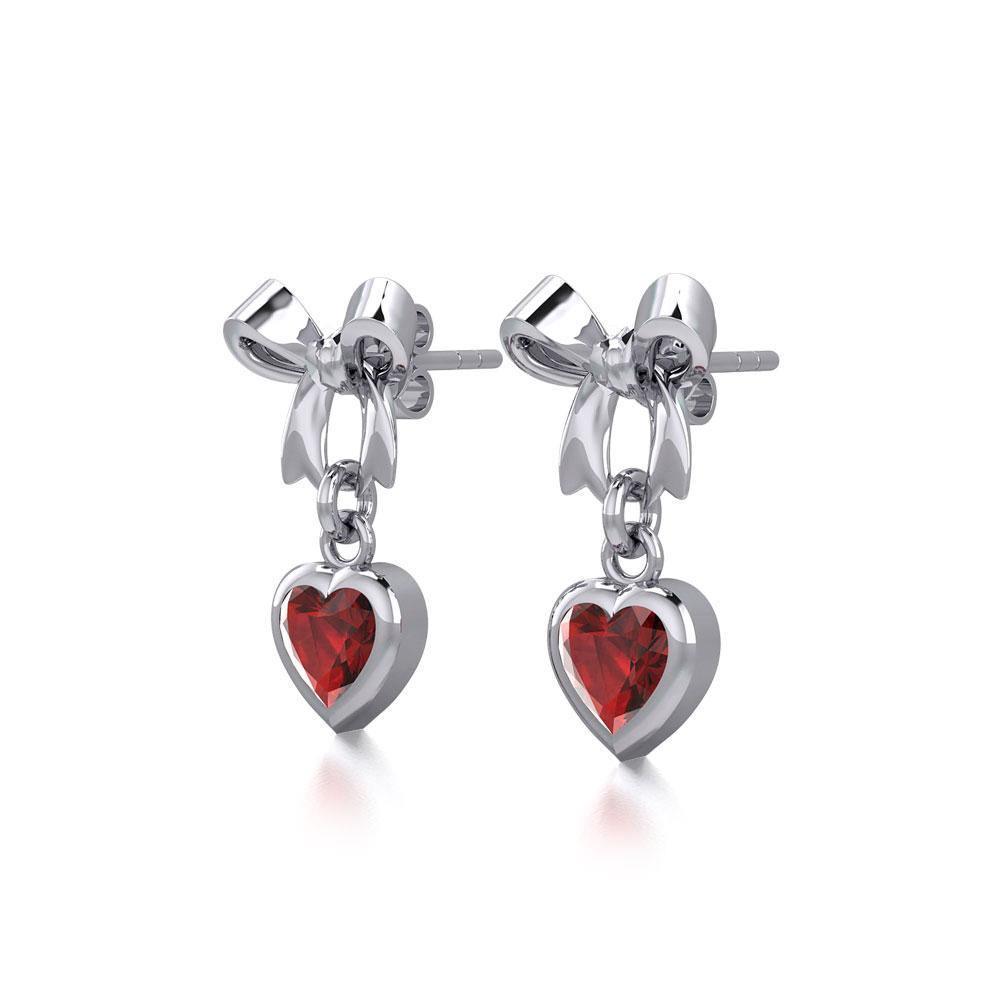 Ribbon with Dangling Gemstone Heart Silver Post Earrings TER1858 Earrings