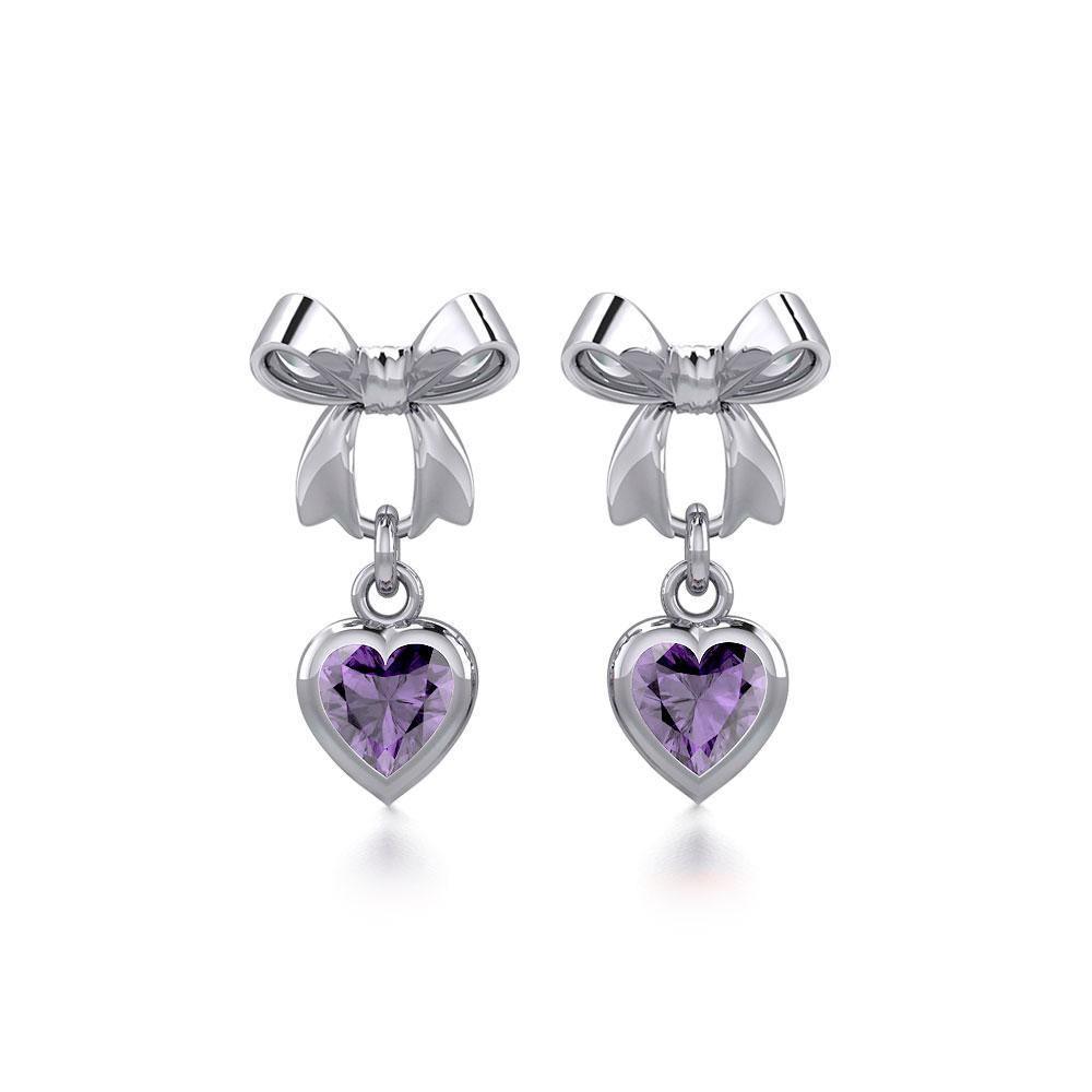 Ribbon with Dangling Gemstone Heart Silver Post Earrings TER1858 Earrings