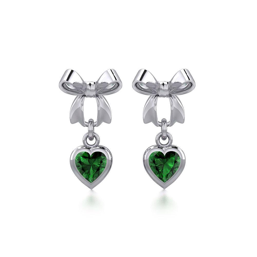 Ribbon with Dangling Gemstone Heart Silver Post Earrings TER1858 Earrings