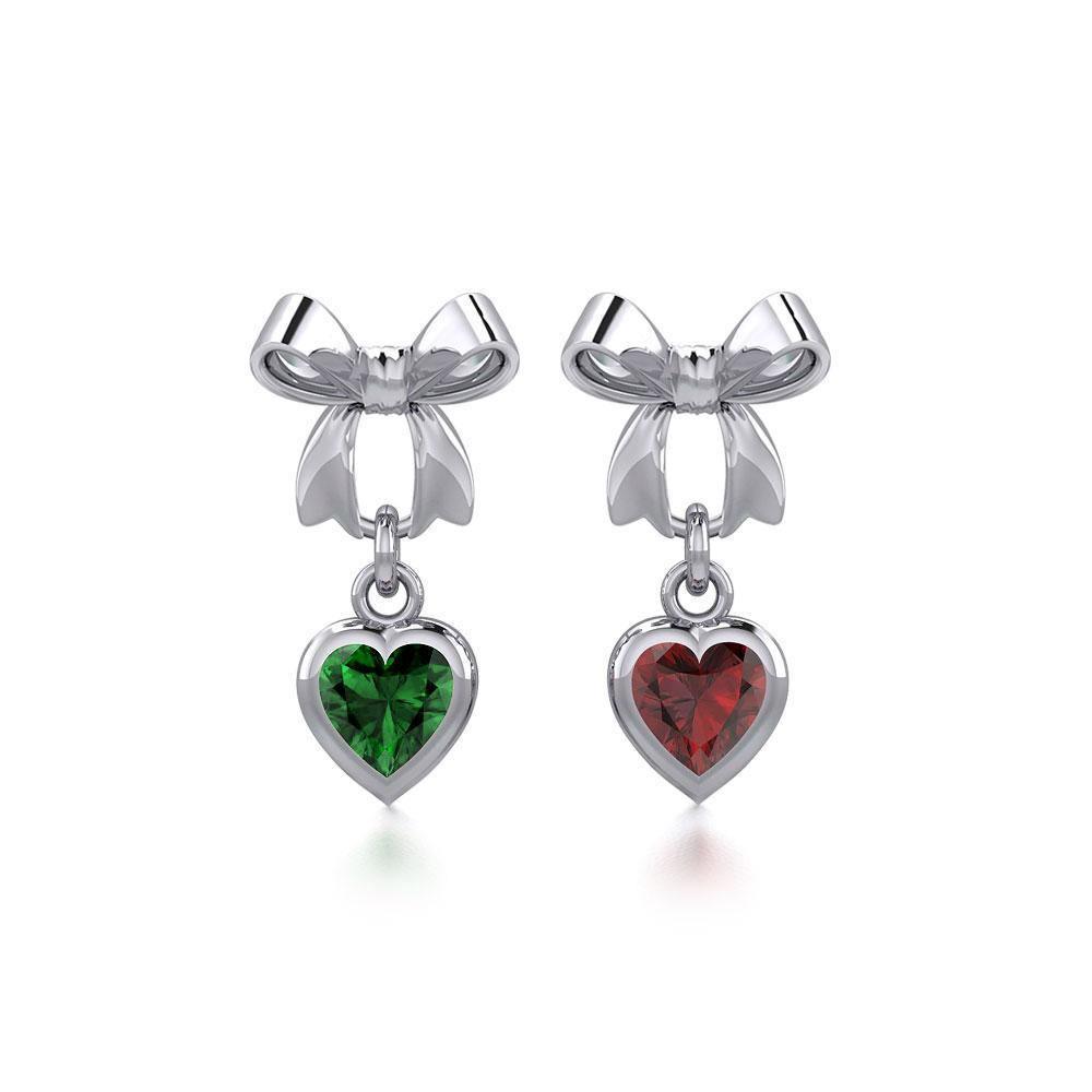 Ribbon with Dangling Gemstone Heart Silver Post Earrings TER1858 Earrings