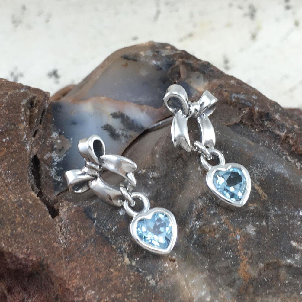 Ribbon with Dangling Gemstone Heart Silver Post Earrings TER1858 - Wholesale Jewelry