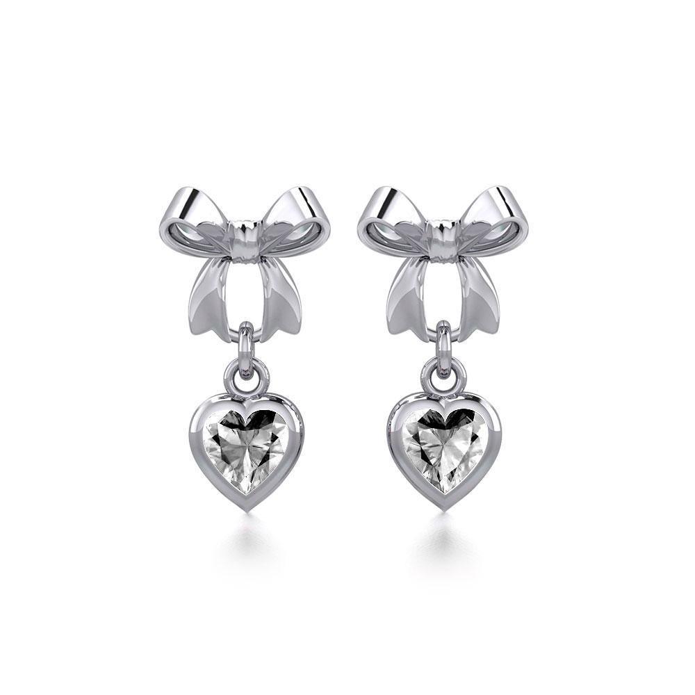 Ribbon with Dangling Gemstone Heart Silver Post Earrings TER1858 Earrings