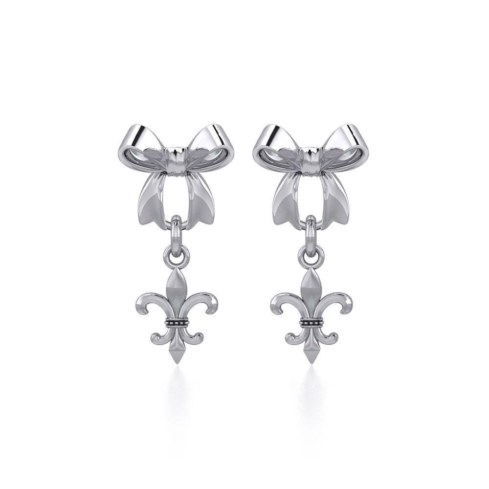 Ribbon with Dangling Fleur De Lis Silver Post Earrings TER1868 Post Earrings