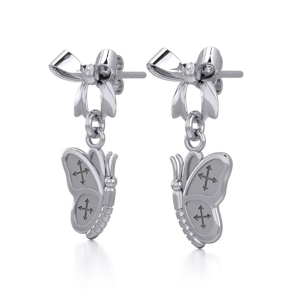 Ribbon with Dangling Butterfly Silver Post Earrings TER1870 Earrings