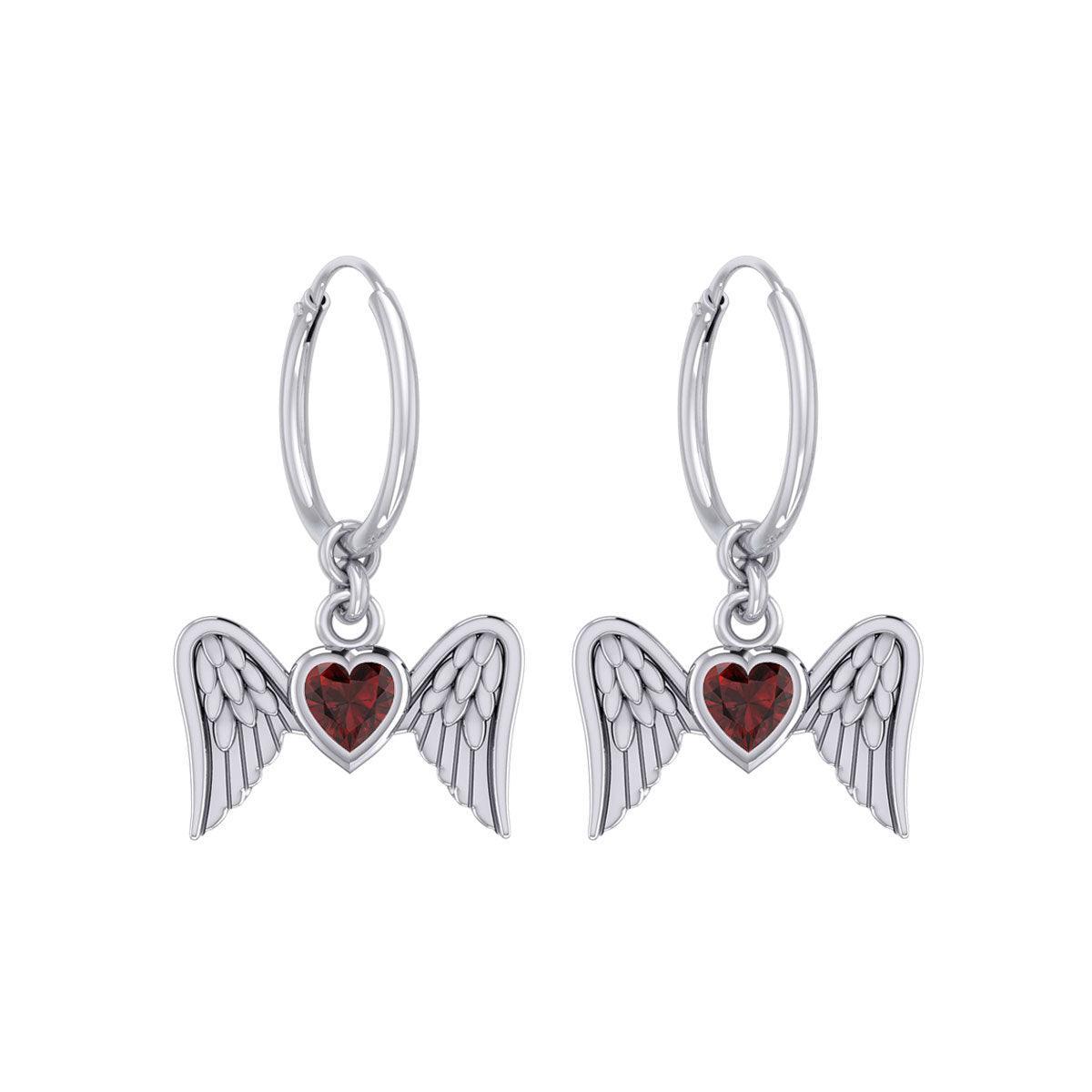 Gemstone Heart and Flying Angel Wings Silver Hoop Earrings TER2103 - peterstone.dropshipping