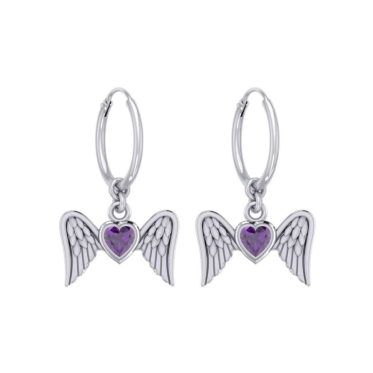 Gemstone Heart and Flying Angel Wings Silver Hoop Earrings TER2103 - peterstone.dropshipping