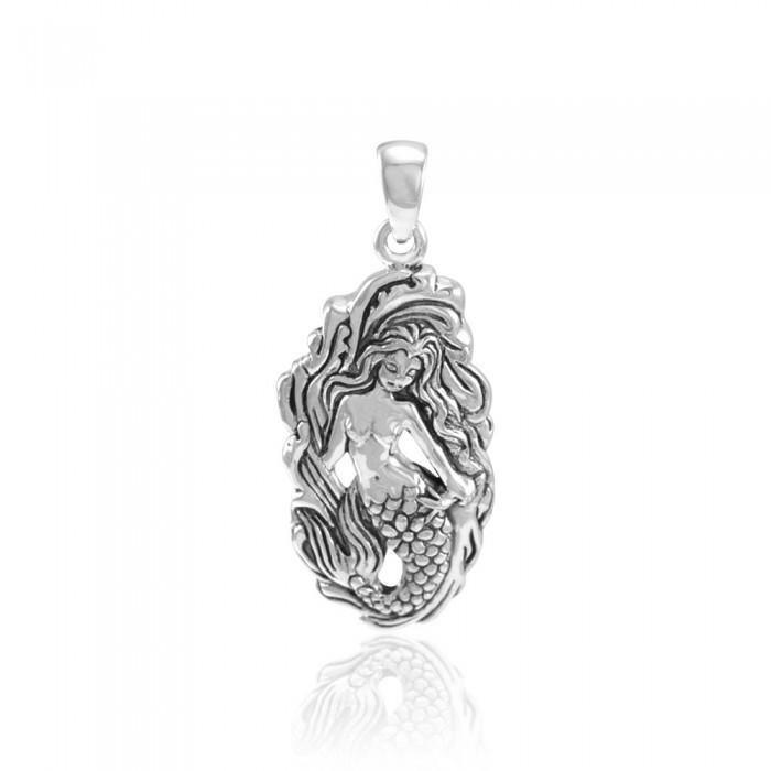 Mermaid Goddess with Wave Sterling Silver Pendant