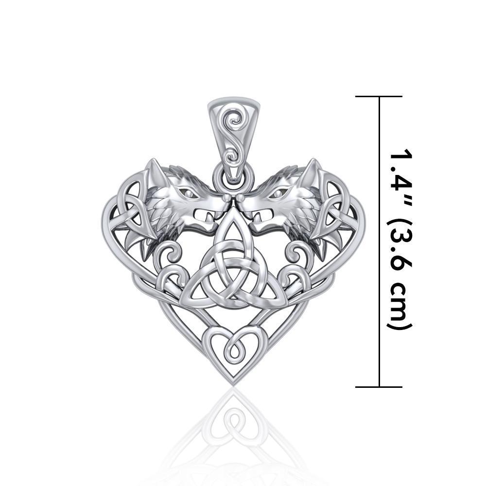 Silver Wolves with Celtic Triquetra in Heart Pendant TPD5212 Pendant