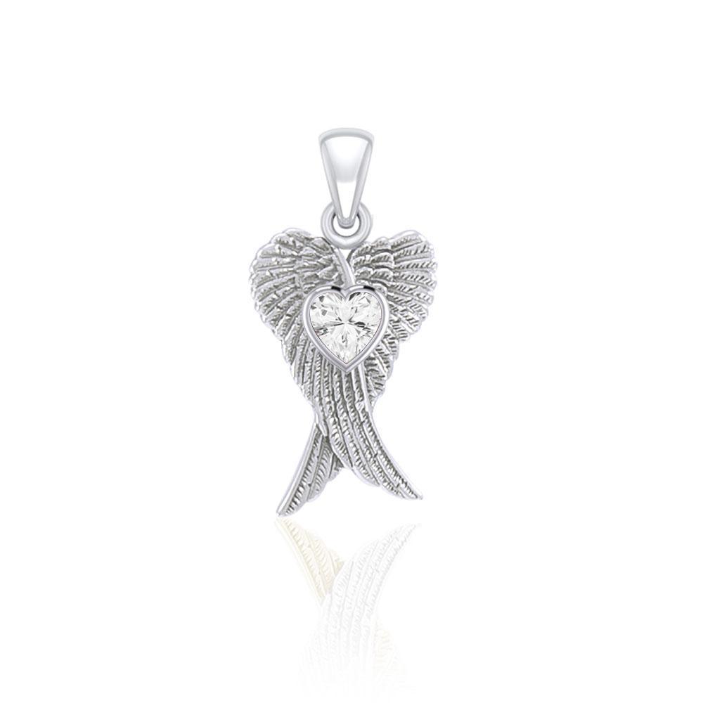 Heart Gemstone and Double Angel Wings Silver Pendant TPD5229 - Peter Stone Wholesale