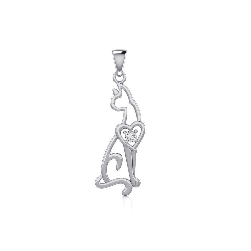 Lovely Heart Cat Silver Pendant with Gem TPD5273 - Peter Stone Wholesale