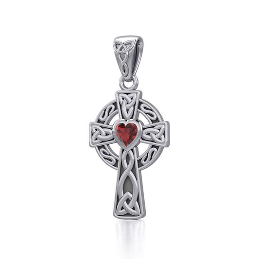 Celtic Cross Silver Pendant with Heart Gemstone TPD5337 Pendant